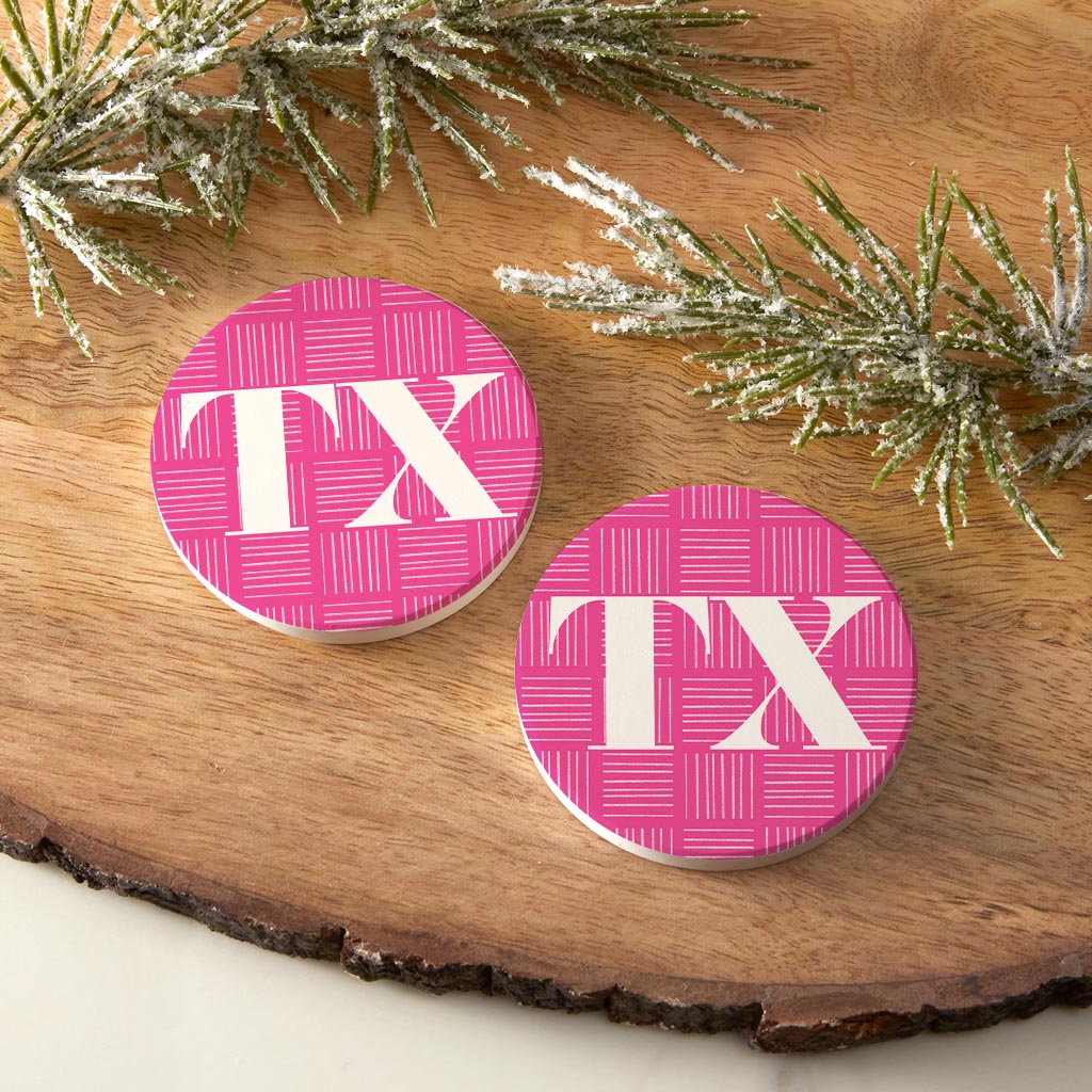 Bright Modern Abbreviated On Pink Texas | Absorbent Car Coasters | Set of 2 | Min 4