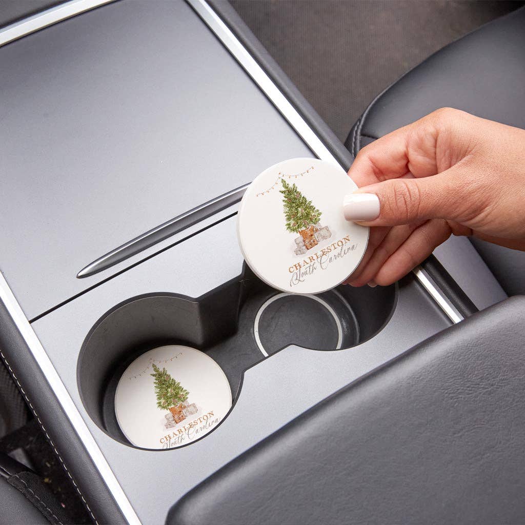 Car Coaster Set of 2, Cottage Christmas Tree, Name Drop