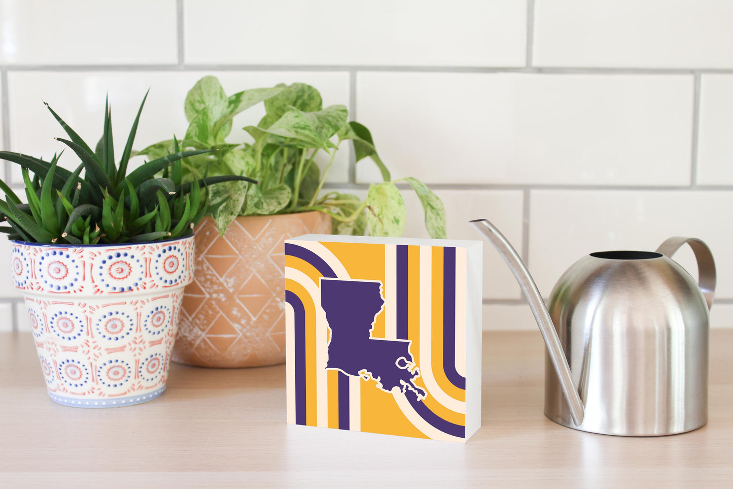 Purple Gold Louisiana Retro State Shape | Wood Block | Eaches | Min 4