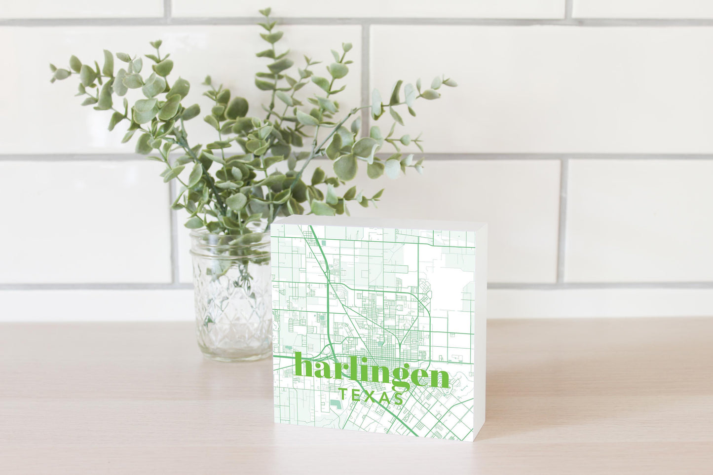 Bright Modern Green Map Texas Harlingen | Wood Block | Eaches | Min 4