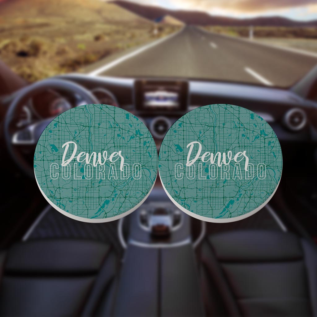 Boho Color Blue Map Colorado Denver | Absorbent Car Coasters | Set of 2 | Min 4