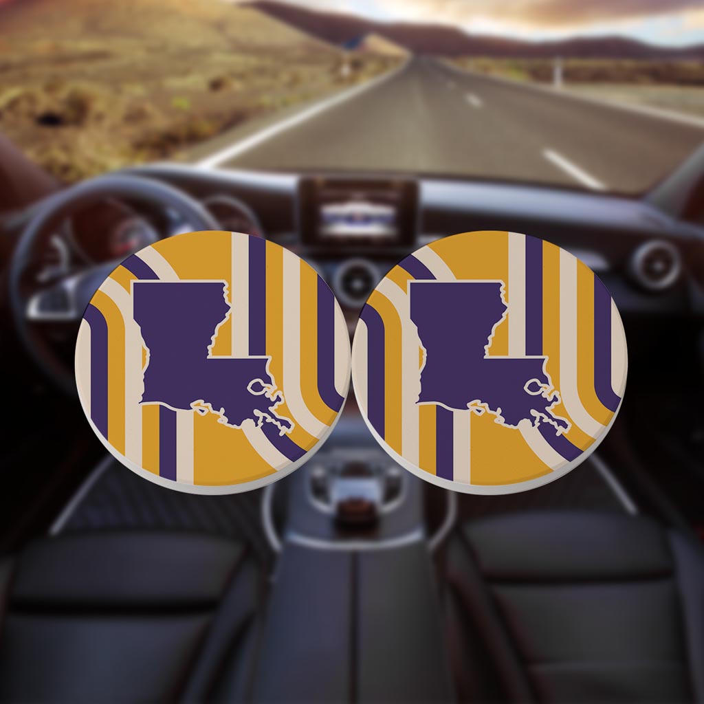 Purple Gold Louisiana Retro State Shape | Absorbent Car Coasters | Set of 2 | Min 4