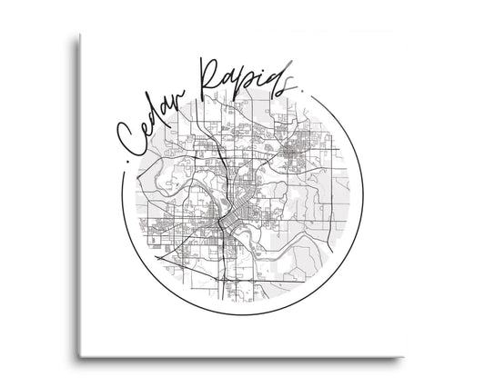 Minimalistic B&W Iowa Cedar Rapids Circle Map 8x8 Glass Plaq