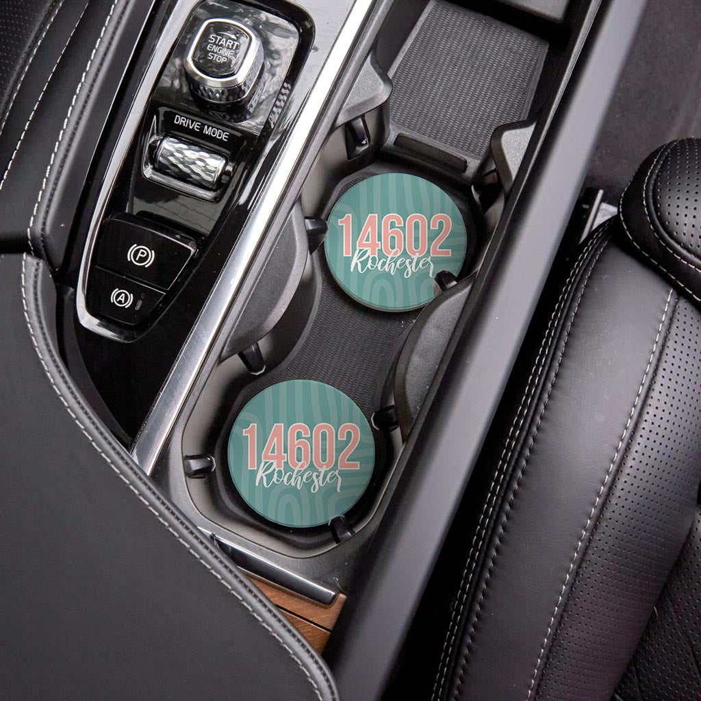 Boho Color City Zip On Blue New York Rochester | Absorbent Car Coasters | Set of 2 | Min 4
