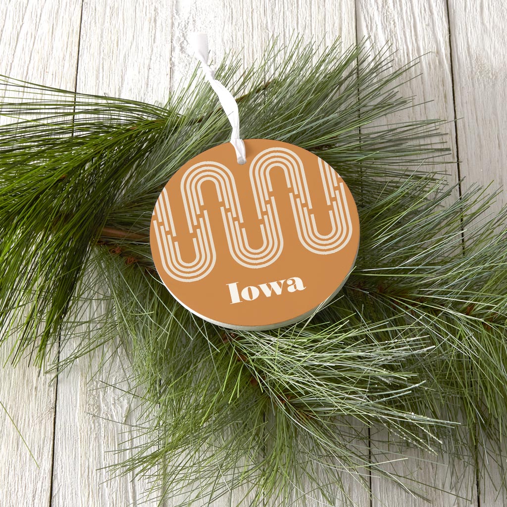 Vintage Groove Yellow Wave Lines Iowa | Wood Ornament | Eaches | Min 6