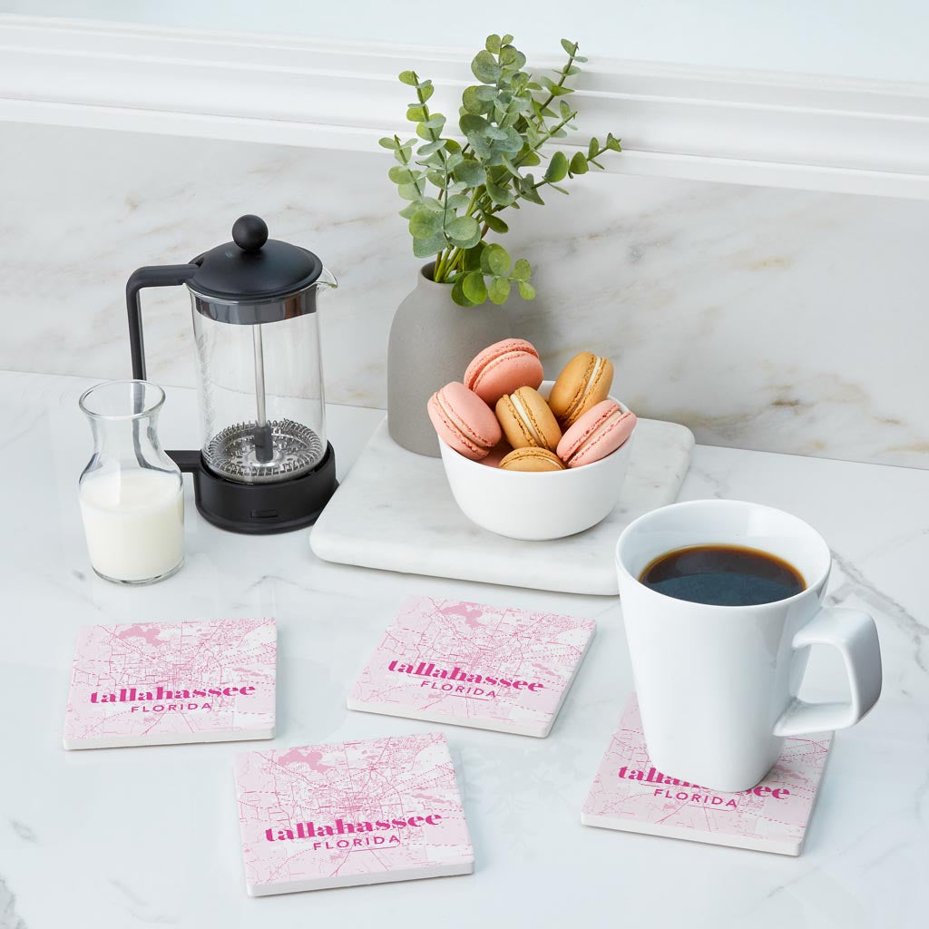 Bright Modern Pink Map Florida Tallahassee | Absorbent Coasters | Set of 4 | Min 2