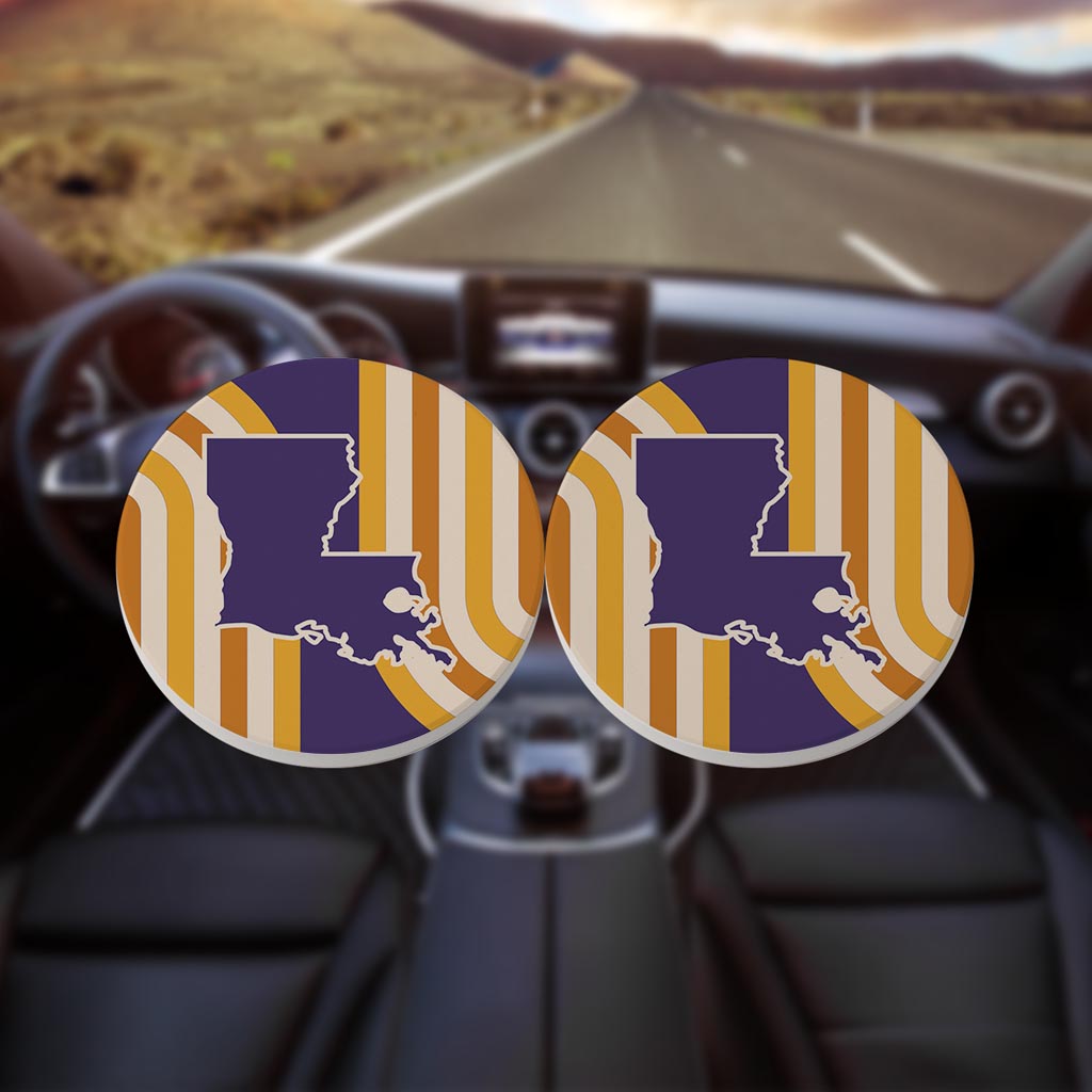 Purple Gold Louisiana Retro State Shape | Absorbent Car Coasters | Set of 2 | Min 4