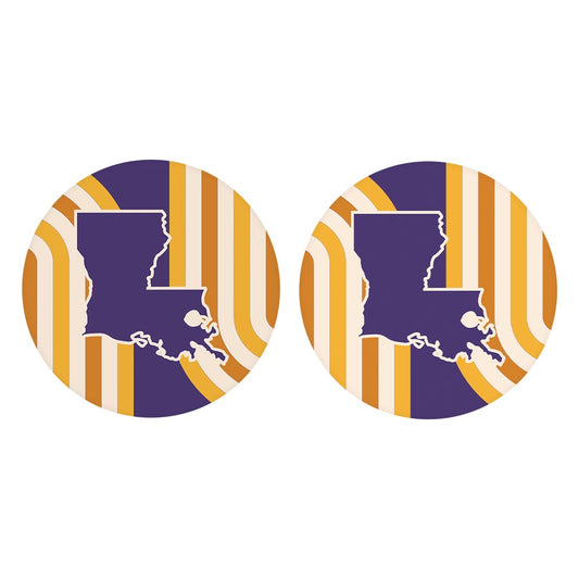 Purple Gold Louisiana Retro State Shape | Absorbent Car Coasters | Set of 2 | Min 4