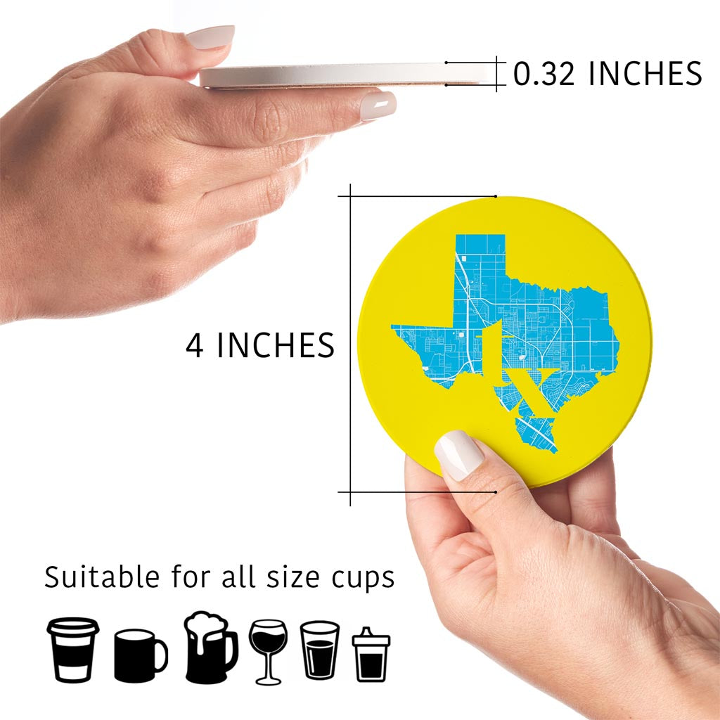 Bright Modern Abbreviated State Yellow Texas Harlingen | Absorbent Coasters | Set of 4 | Min 2