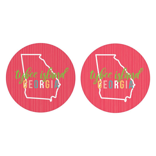 Boho Color State On Pink Georgia Tybee Island | Absorbent Car Coasters | Set of 2 | Min 4
