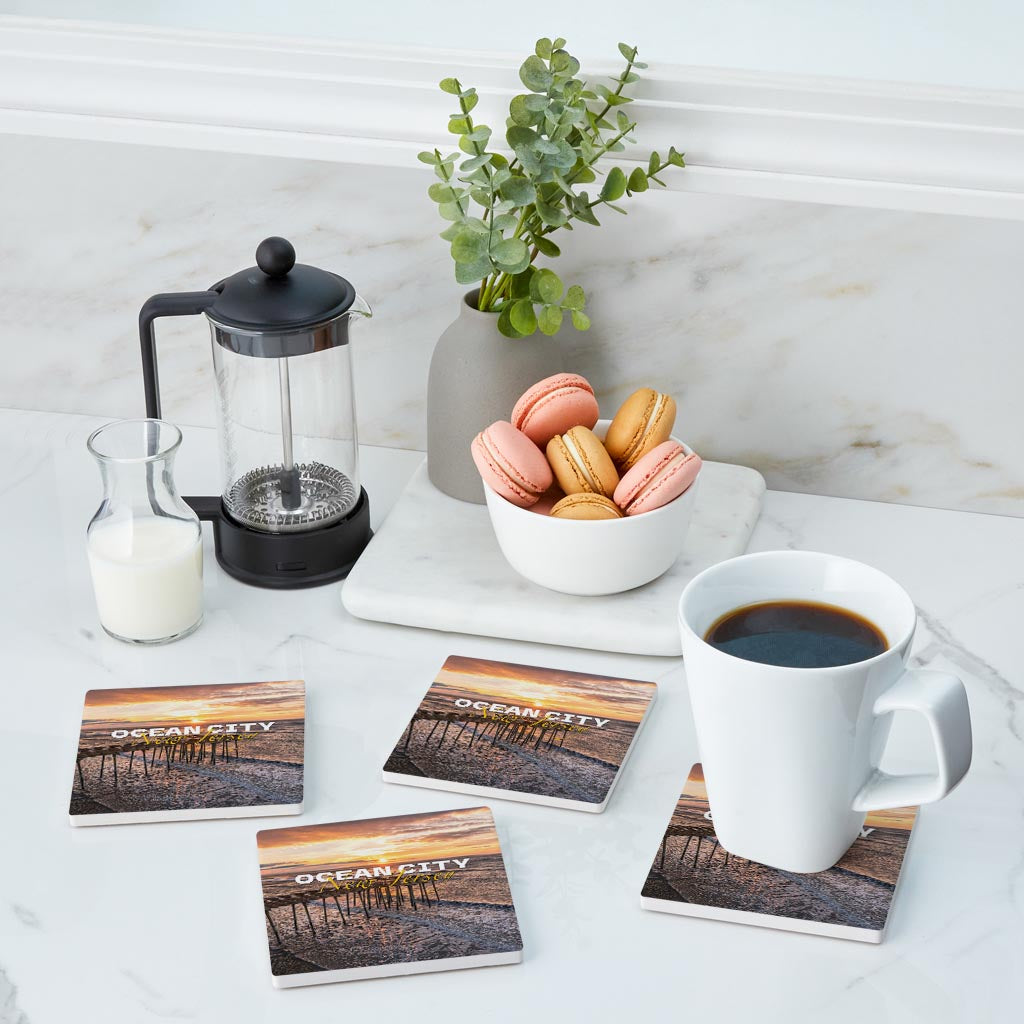 Fishing Pier Sunrise Square Coaster| Absorbent Coasters | Set of 4 | Min 2