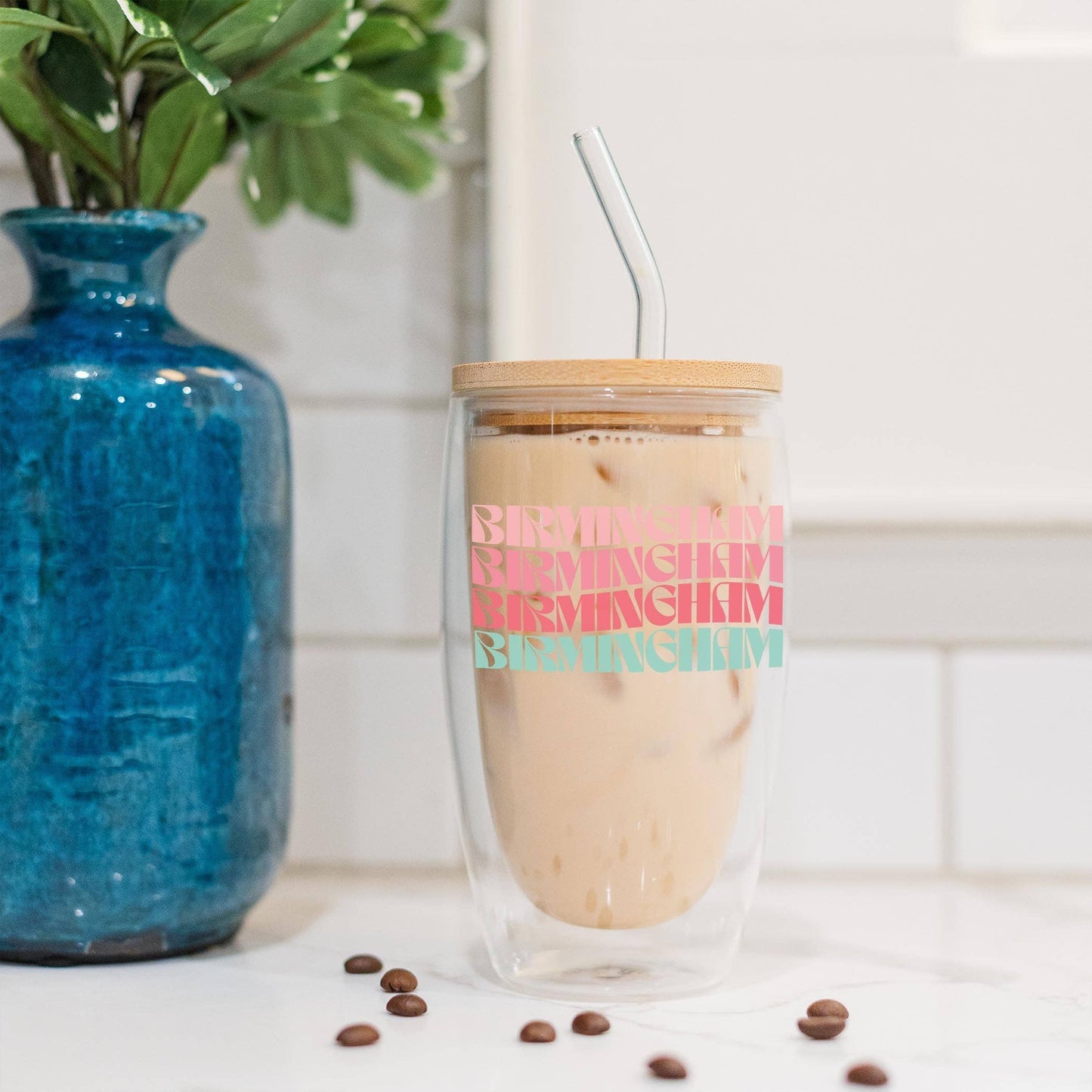 16oz Custom Insulated Glass Tumbler Bright Retro Wave Detail