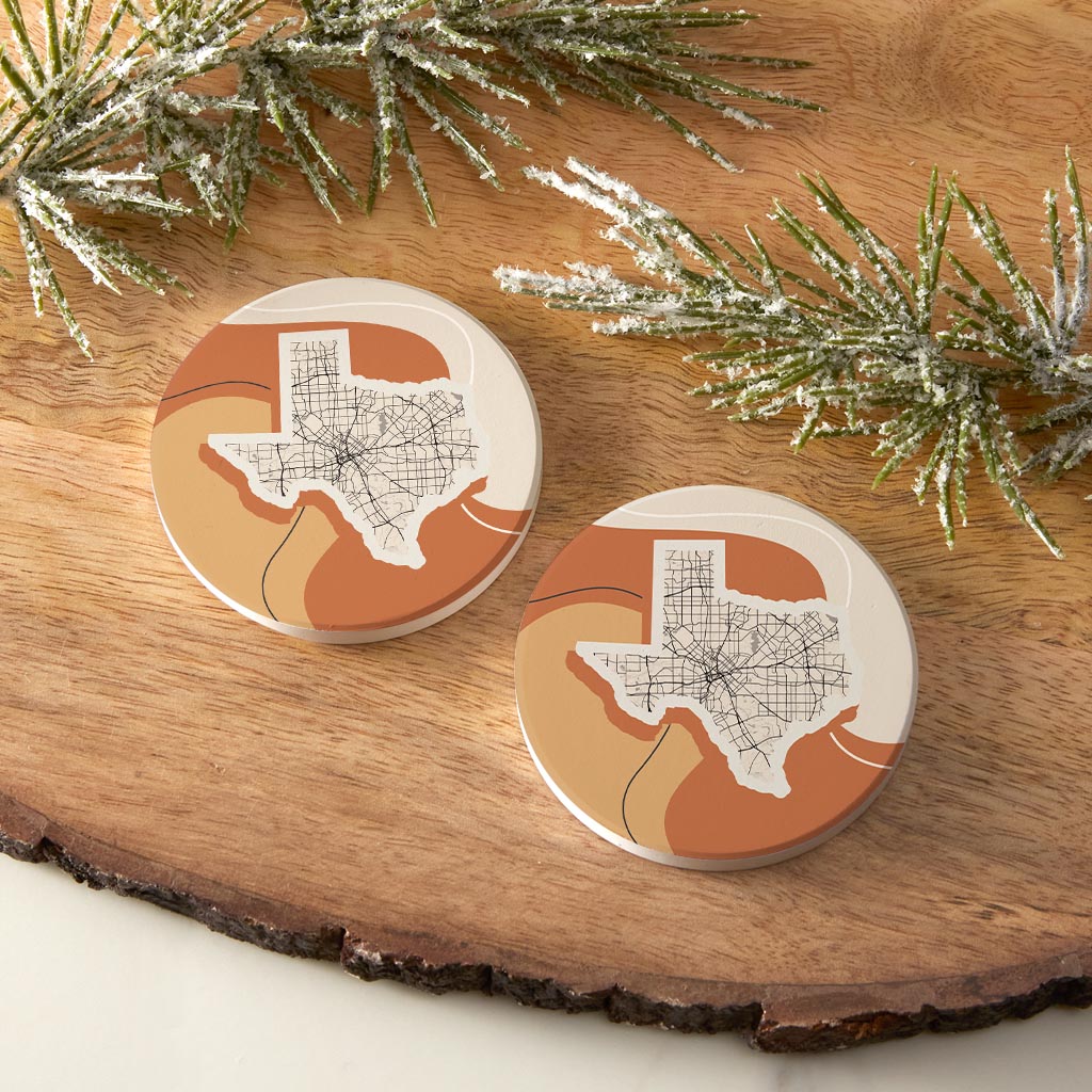 Vintage Groove Fluid Orange Map Texas Dallas| Absorbent Car Coasters | Set of 2 | Min 4