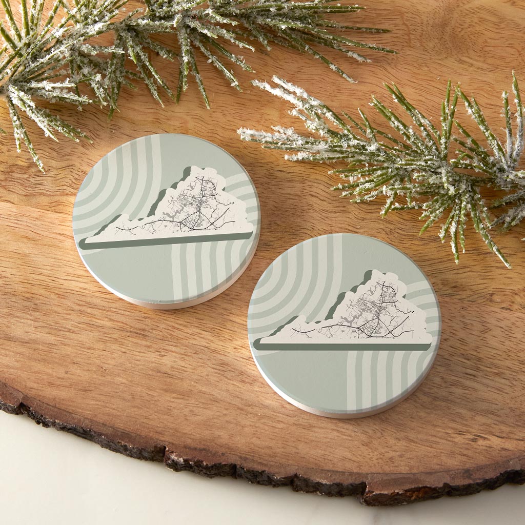 Vintage Groove Light Green Lines Map Virginia Culpeper| Absorbent Car Coasters | Set of 2 | Min 4