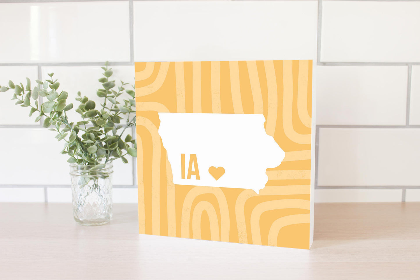 Boho Color Heart State On Yellow Iowa | Wood Block | Eaches | Min 2