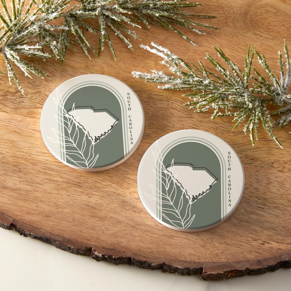 Vintage Groove State With Leaf South Carolina| Absorbent Car Coasters | Set of 2 | Min 4