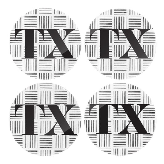 Black And White Abbreviated On White Texas | Hi-Def Glass Coasters | Set of 4 | Min 2