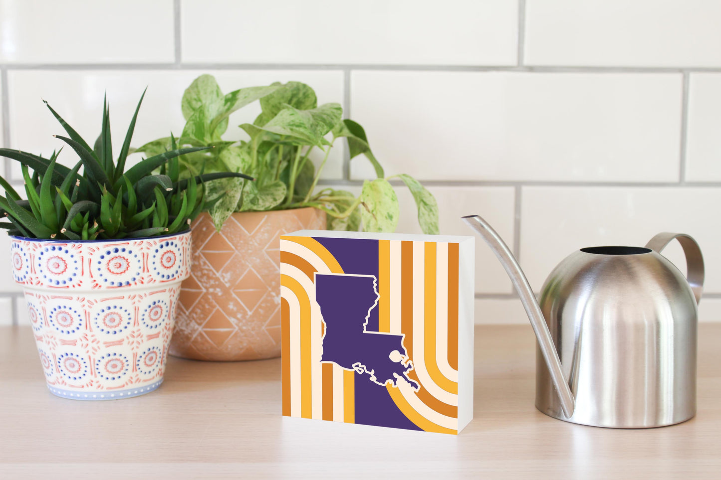 Purple Gold Louisiana Retro State Shape | Wood Block | Eaches | Min 4