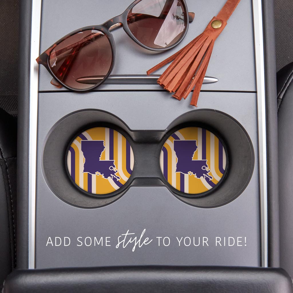 Purple Gold Louisiana Retro State Shape | Absorbent Car Coasters | Set of 2 | Min 4