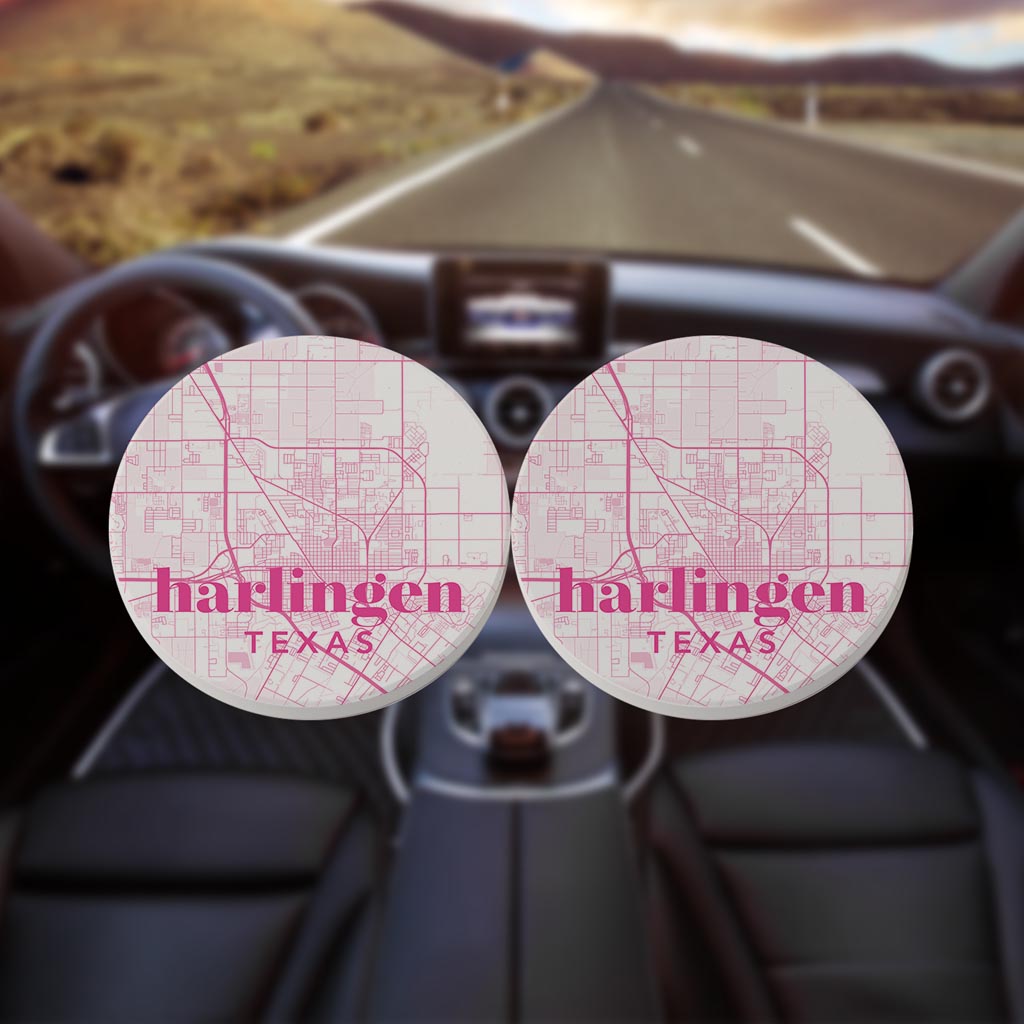 Bright Modern Pink Map Texas Harlingen | Absorbent Car Coasters | Set of 2 | Min 4