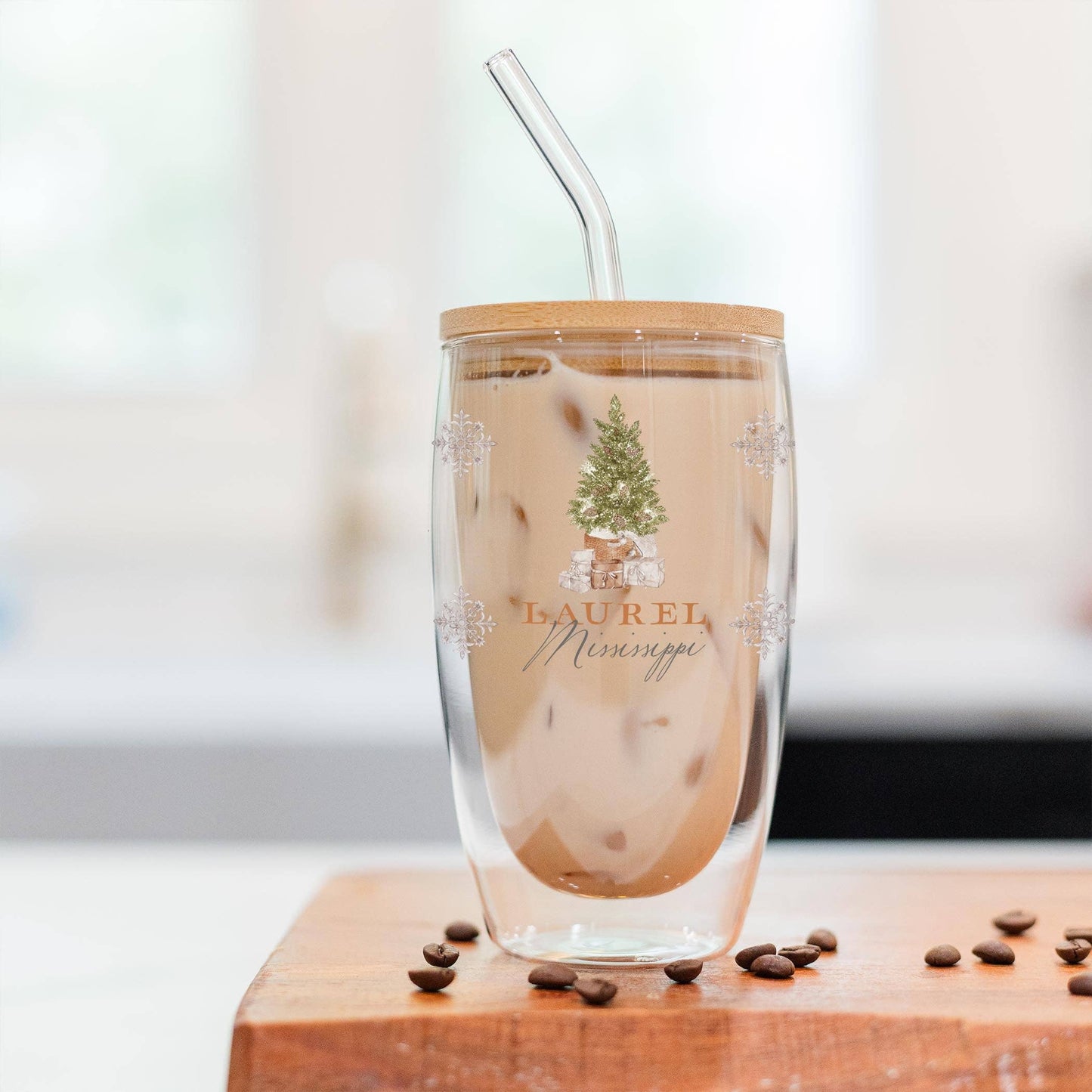 16oz Custom Insulated Glass Tumbler Christmas Cottage Tree