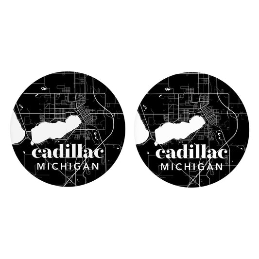 Black And White Black Map Michigan Cadillac| Absorbent Car Coasters | Set of 2 | Min 4