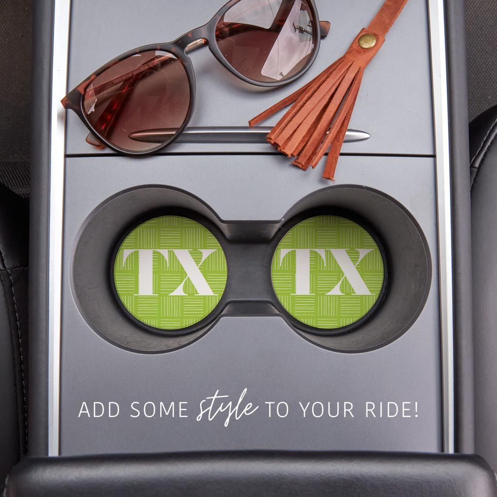 Bright Modern Abbreviated On Green Texas | Absorbent Car Coasters | Set of 2 | Min 4