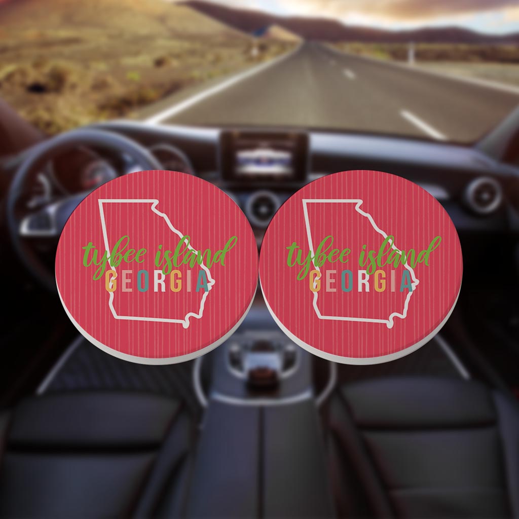 Boho Color State On Pink Georgia Tybee Island | Absorbent Car Coasters | Set of 2 | Min 4