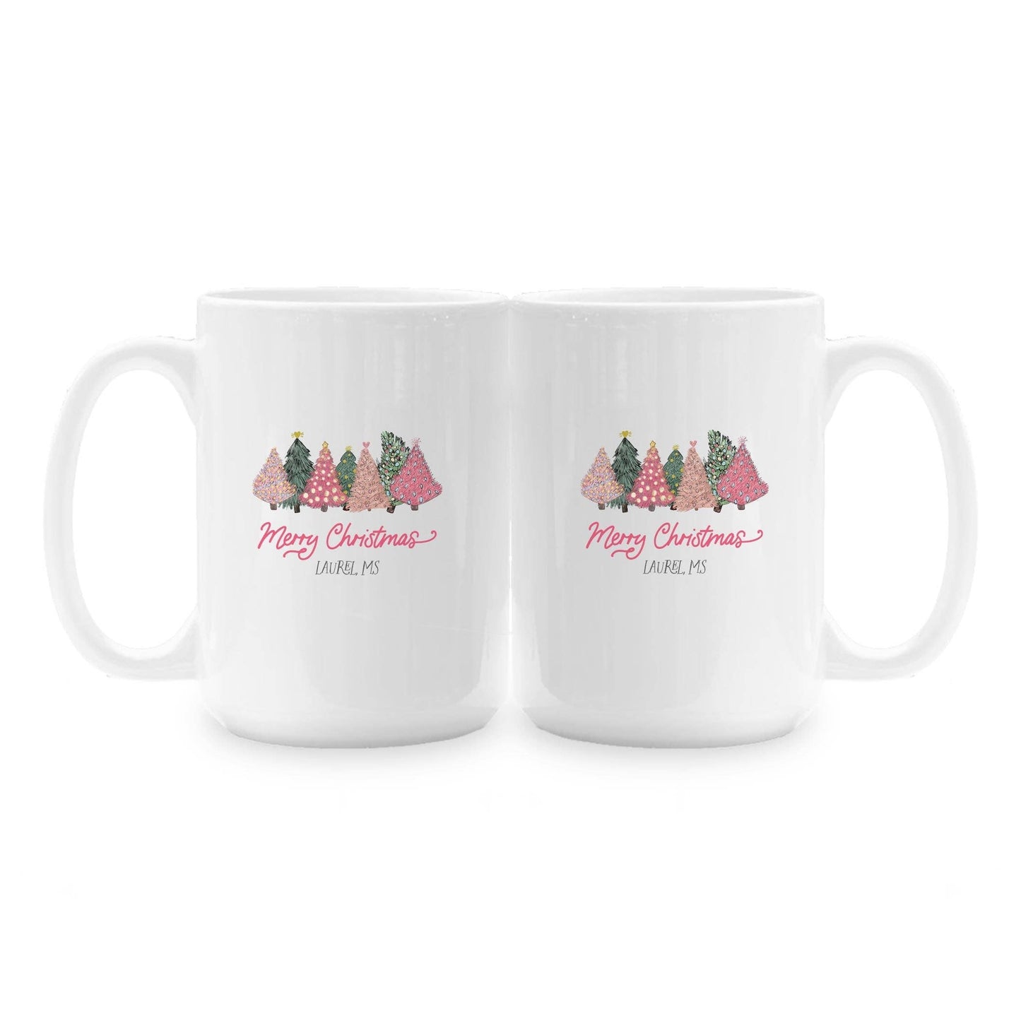 15oz Custom Ceramic Coffee Mug - Pink Christmas Trees