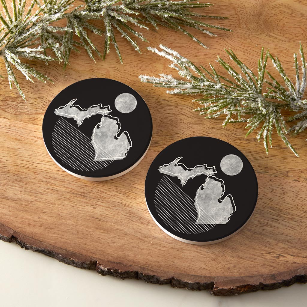 Black And White Geometric On Black Michigan| Absorbent Car Coasters | Set of 2 | Min 4