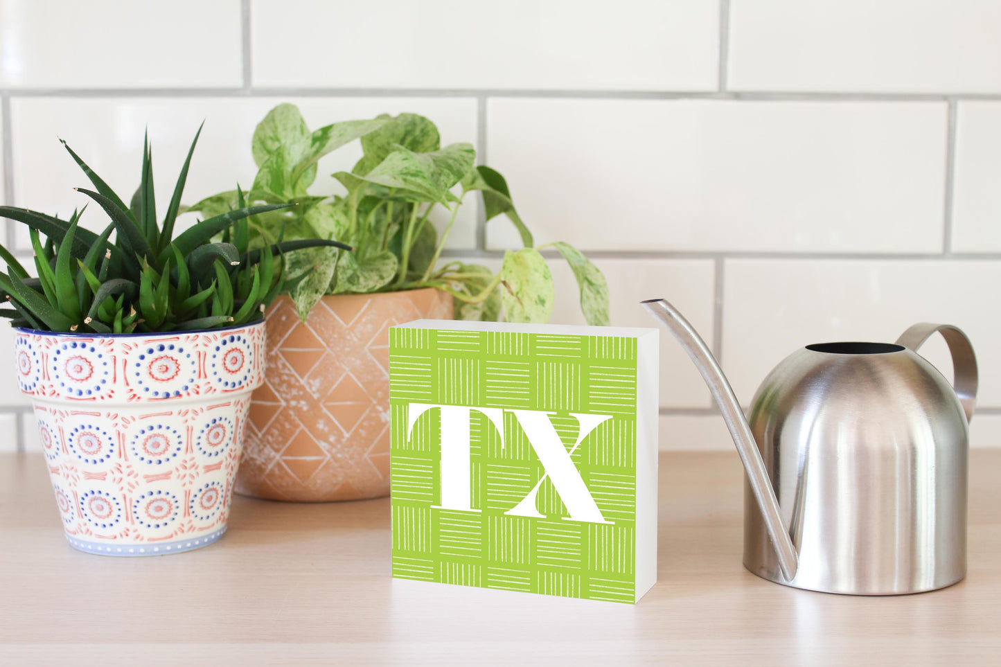 Bright Modern Abbreviated On Green Texas | Wood Block | Eaches | Min 4