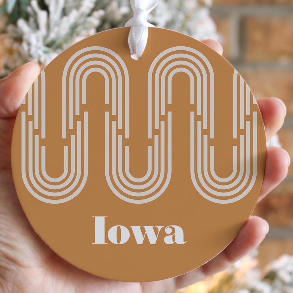 Vintage Groove Yellow Wave Lines Iowa | Wood Ornament | Eaches | Min 6
