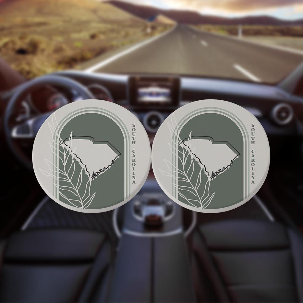 Vintage Groove State With Leaf South Carolina| Absorbent Car Coasters | Set of 2 | Min 4