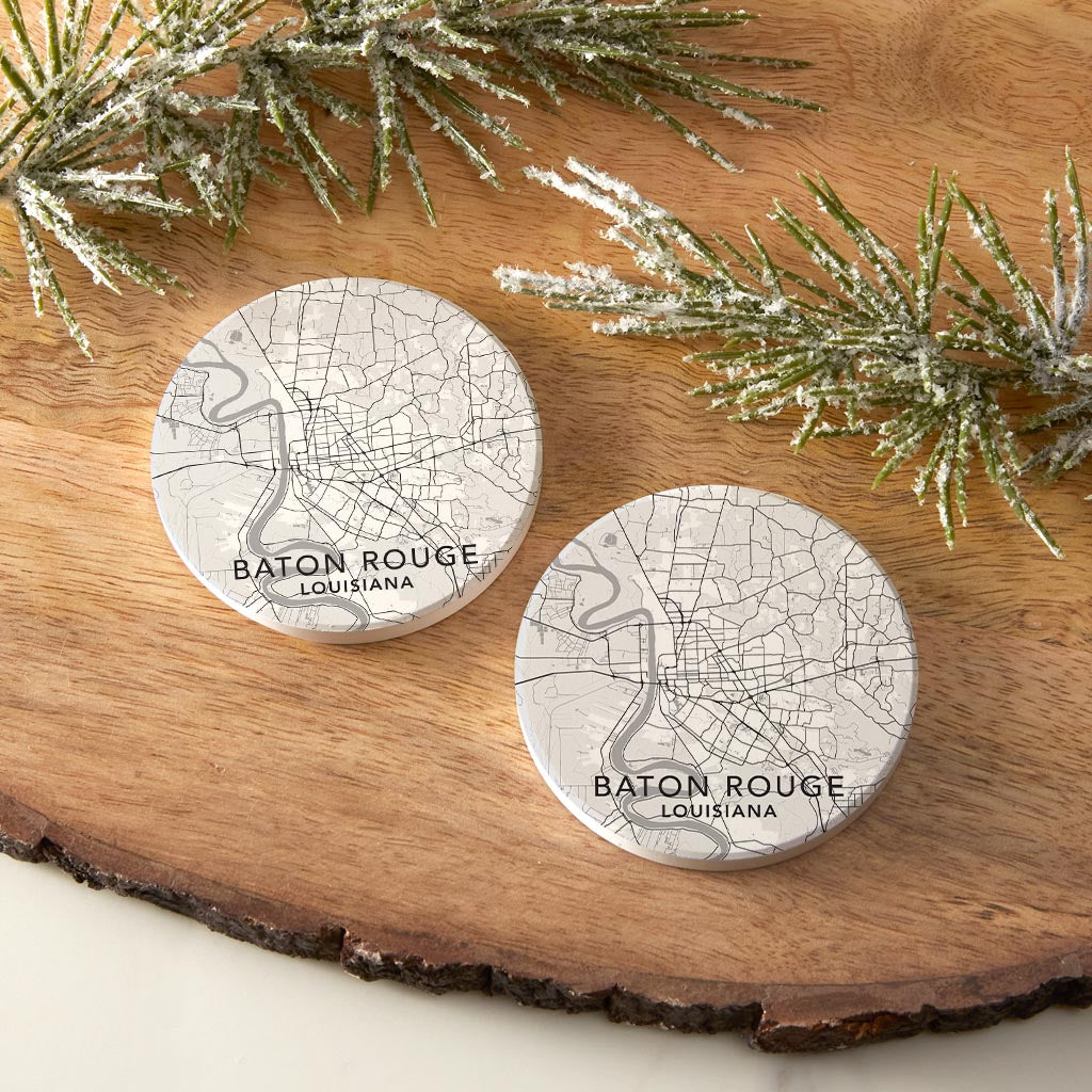 Minimalistic Baton Rouge White Map| Absorbent Car Coasters | Set of 2 | Min 4