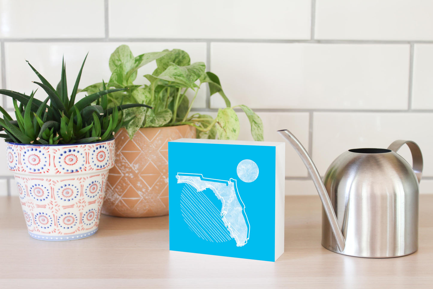 Bright Modern Geometric On Blue Florida | Wood Block | Eaches | Min 4