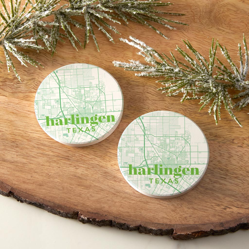 Bright Modern Green Map Texas Harlingen | Absorbent Car Coasters | Set of 2 | Min 4