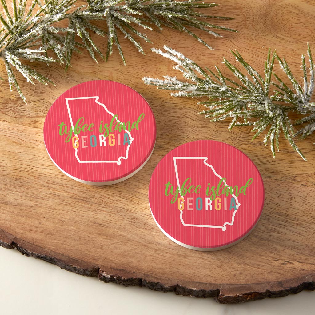 Boho Color State On Pink Georgia Tybee Island | Absorbent Car Coasters | Set of 2 | Min 4