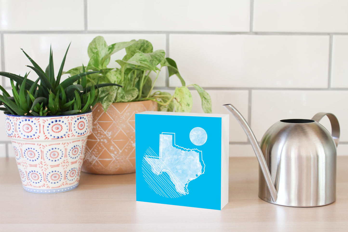 Bright Modern Geometric On Blue Texas | Wood Block | Eaches | Min 4