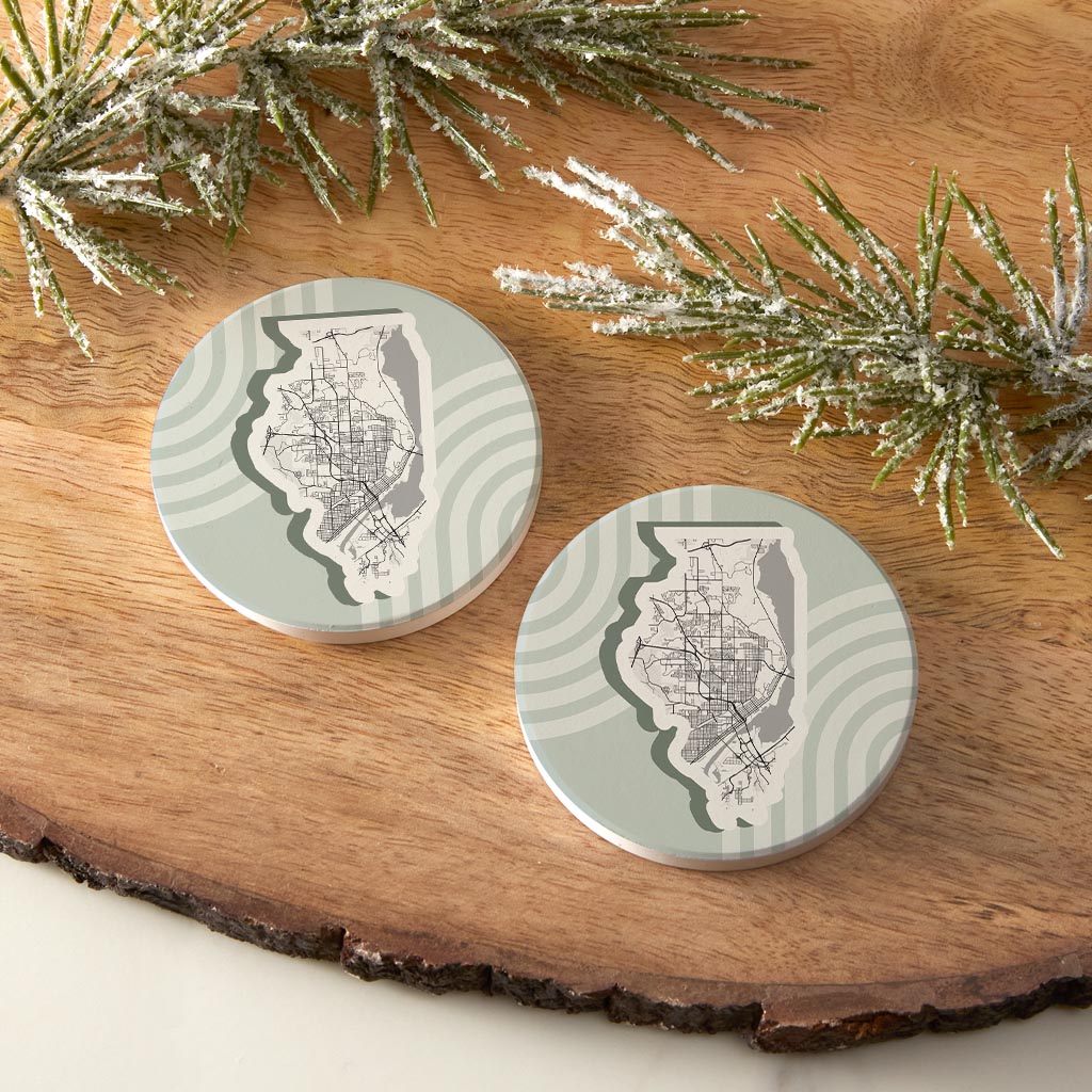 Vintage Groove Light Green Lines Map Illinois Peoria| Absorbent Car Coasters | Set of 2 | Min 4