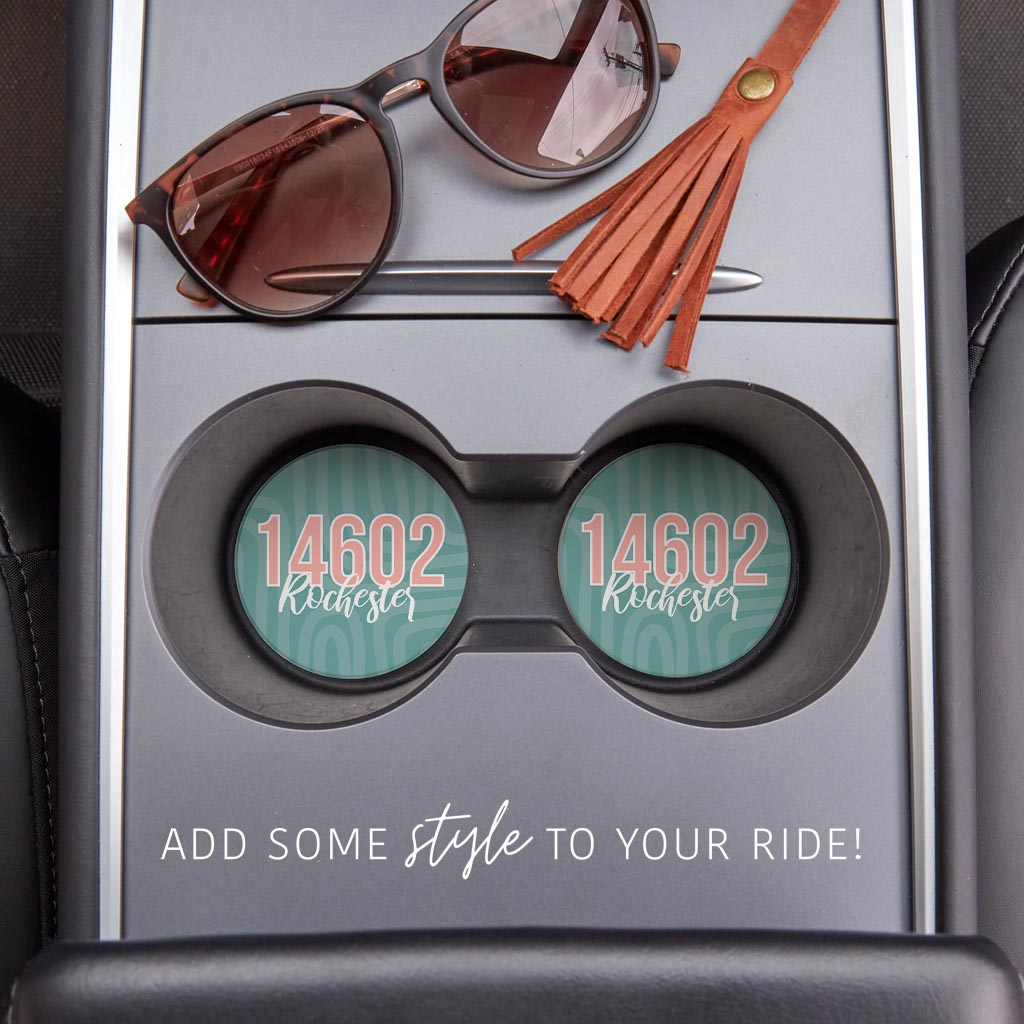 Boho Color City Zip On Blue New York Rochester | Absorbent Car Coasters | Set of 2 | Min 4