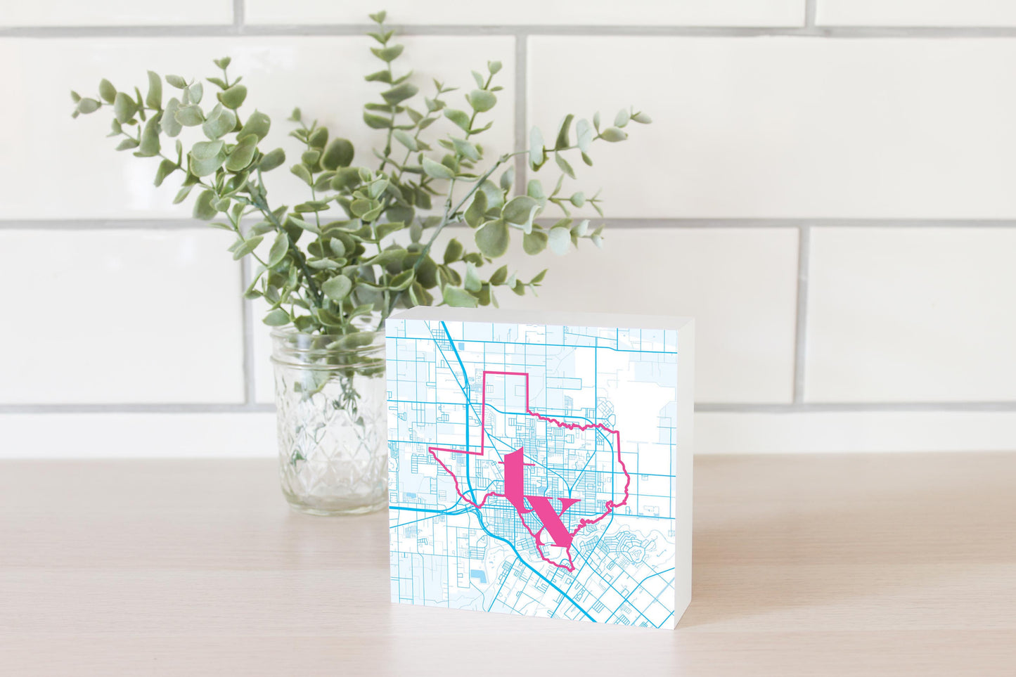 Bright Modern Abbreviated State Map Blue Texas Harlingen | Wood Block | Eaches | Min 4
