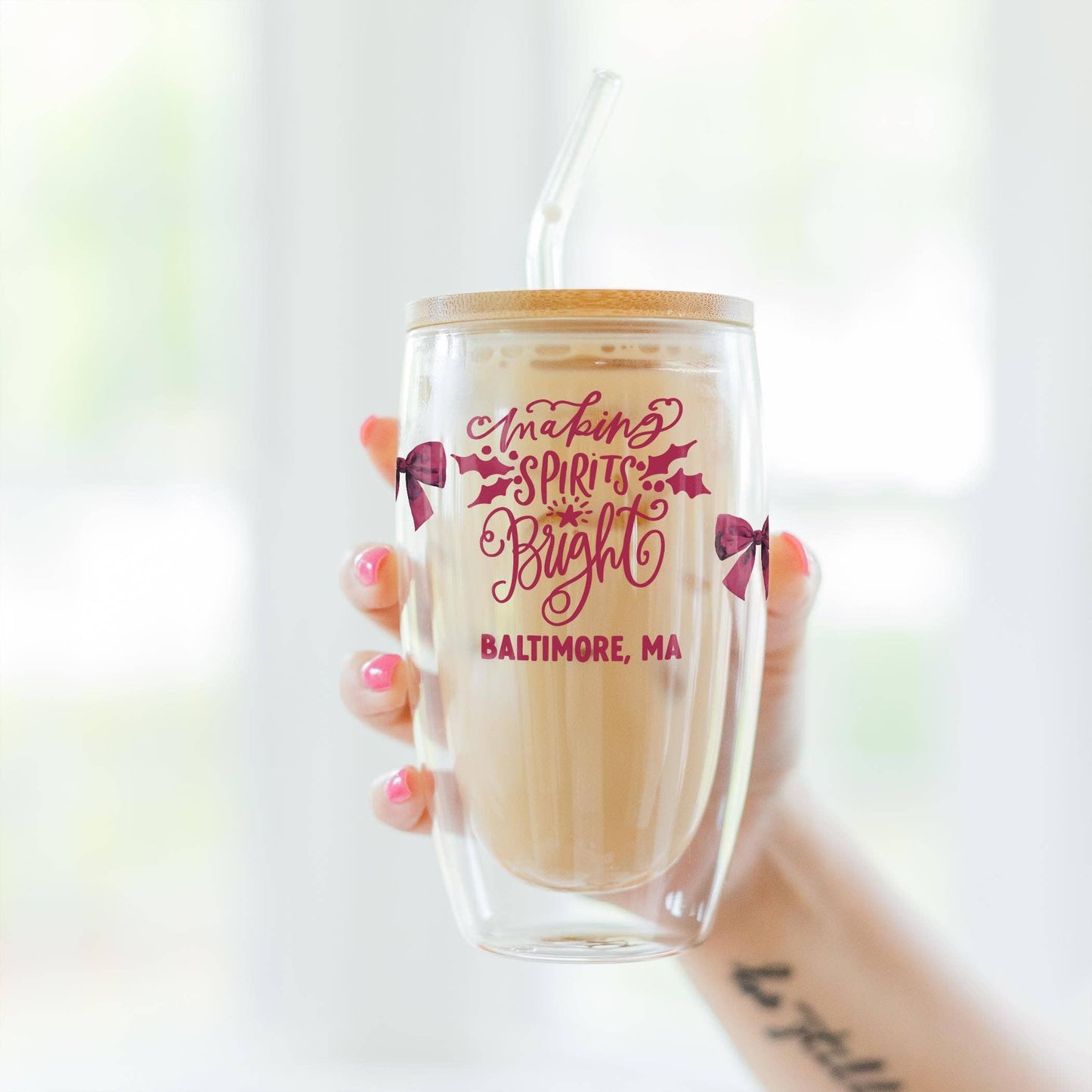 16oz Double Insulated Glass Tumbler-Love + Local Winterberry