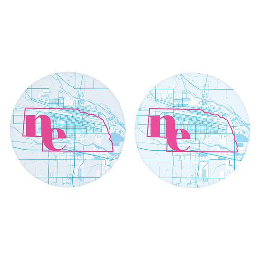 Bright Modern Abbreviated State Map Blue Nebraska North Platte| Absorbent Car Coasters | Set of 2 | Min 4