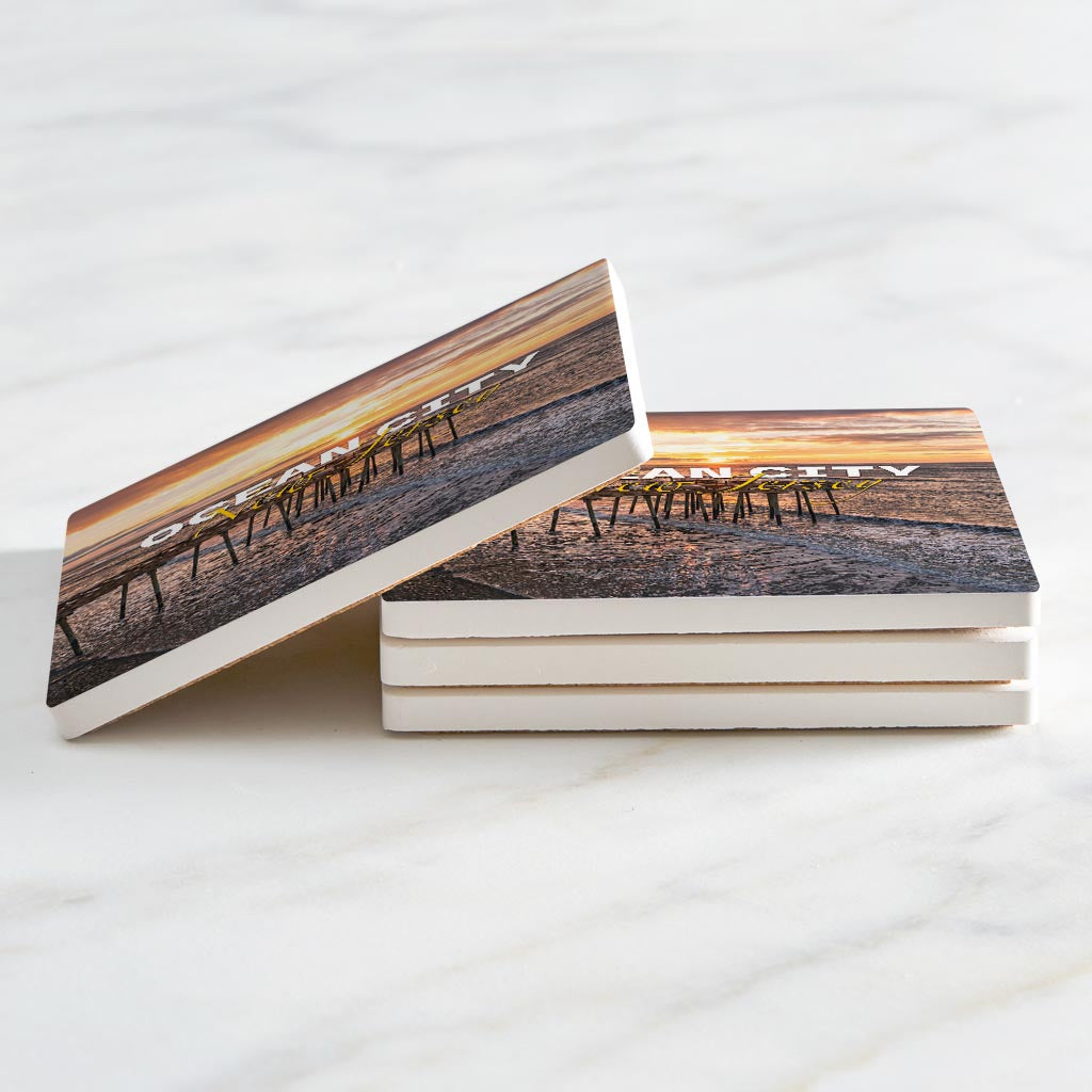 Fishing Pier Sunrise Square Coaster| Absorbent Coasters | Set of 4 | Min 2