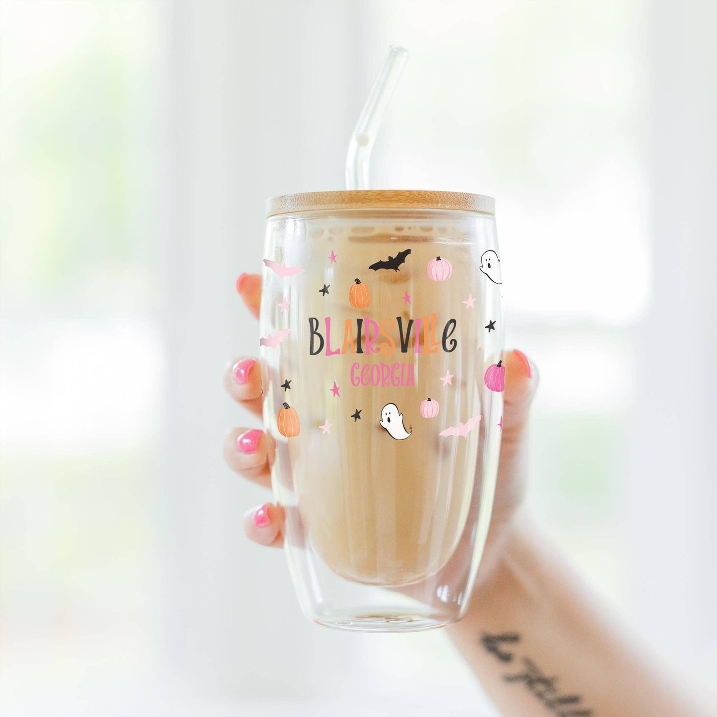 16oz Custom Insulated Glass Tumbler Bright Halloween Detail