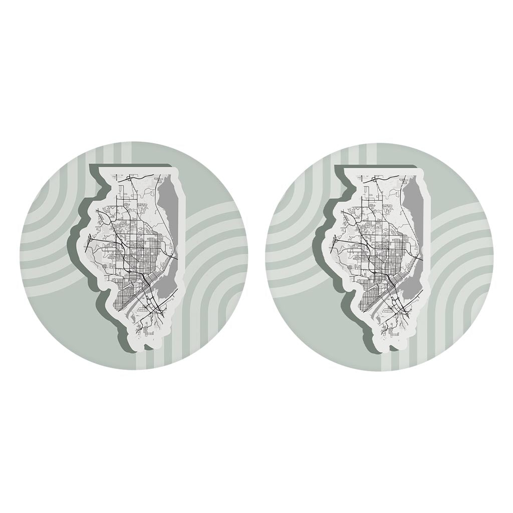 Vintage Groove Light Green Lines Map Illinois Peoria| Absorbent Car Coasters | Set of 2 | Min 4