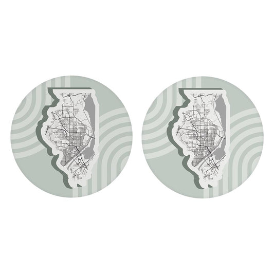 Vintage Groove Light Green Lines Map Illinois Peoria| Absorbent Car Coasters | Set of 2 | Min 4