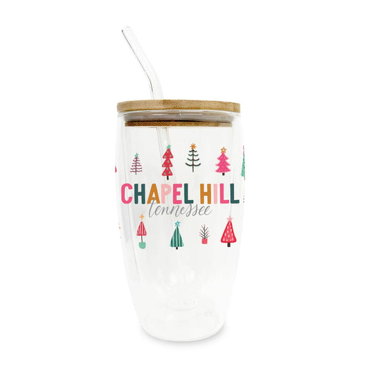 16oz Custom Insulated Glass Tumbler Bright Christmas Trees