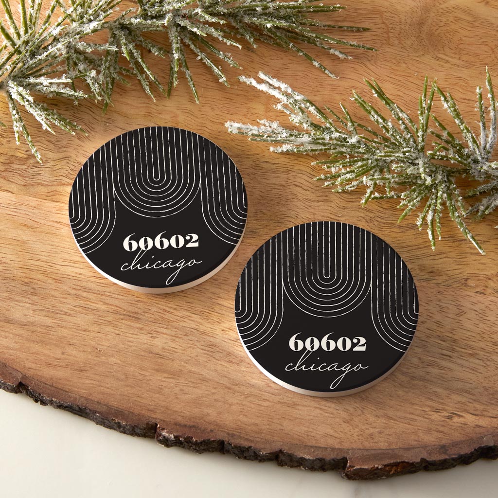 Black And White City Zip On Black Illinois Chicago | Absorbent Car Coasters | Set of 2 | Min 4