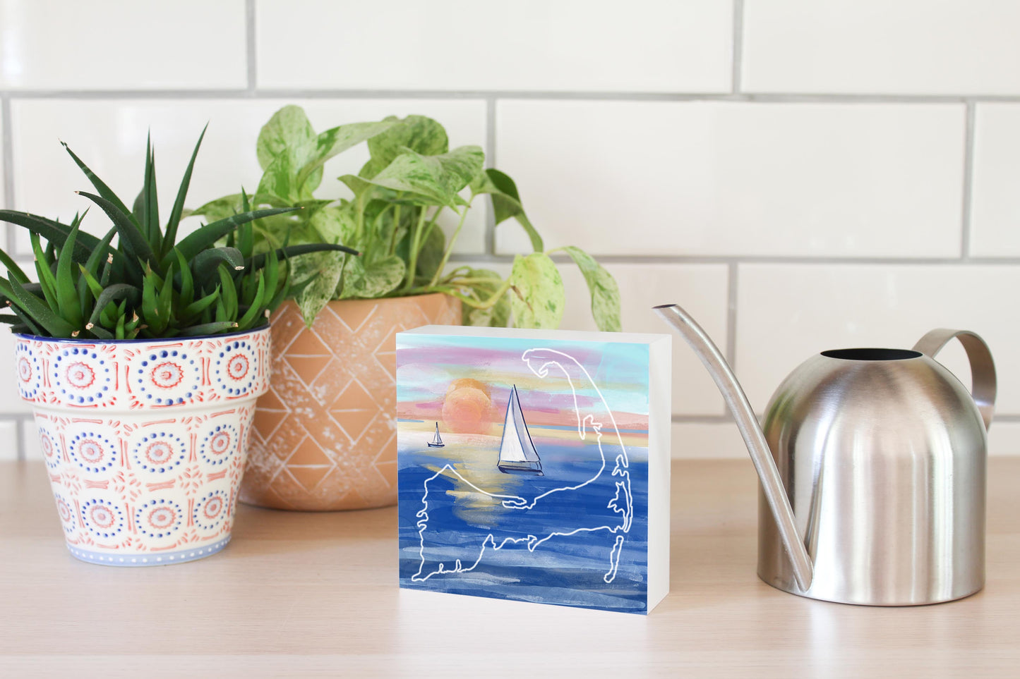 Watercolor Sunset With Sailboats | Wood Block | Eaches | Min 4